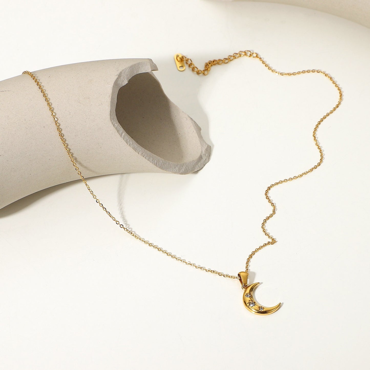 18K Gold Star Adorned Crescent Moon Pendant Necklace
