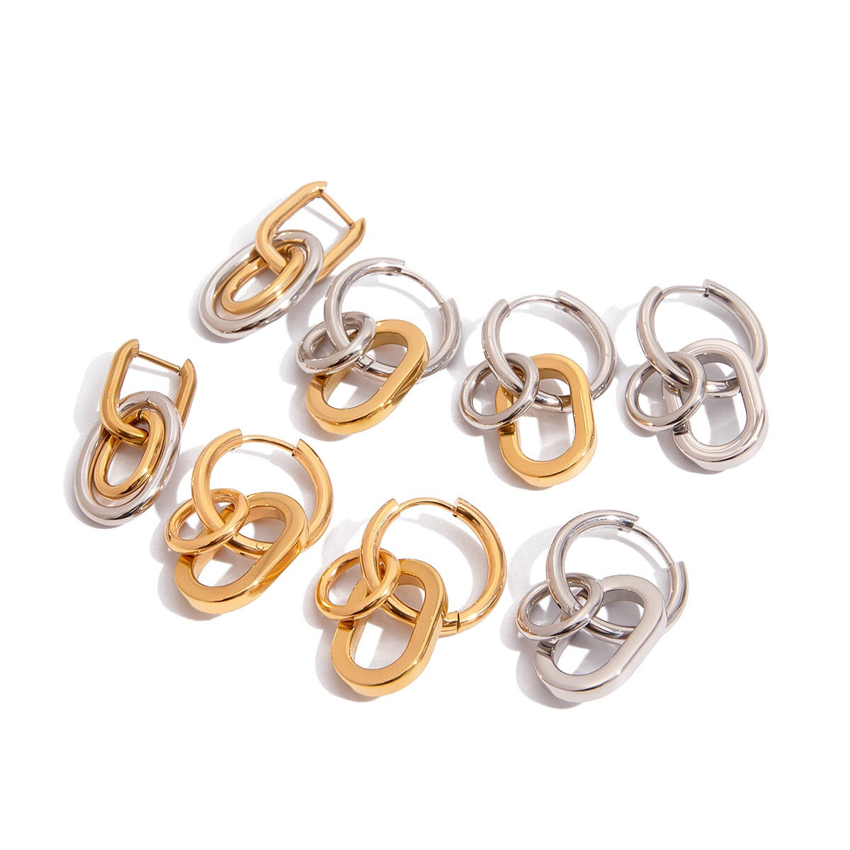 18K Gold and Silver Two Tone Trinity Small Hoop Dangle Huggie Earrings