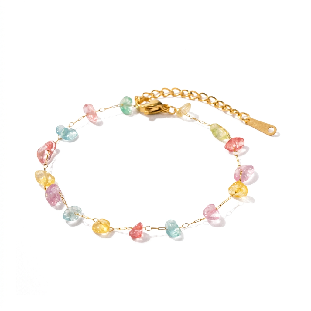 18K Gold Pastel Color Gemstone Beaded Necklace & Chain Bracelet Set