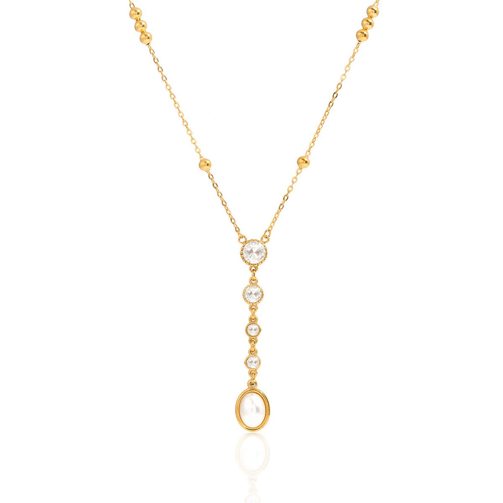 18K Gold Sweet Lumi Pearl Y Shape Lariat Dainty CZ Necklace