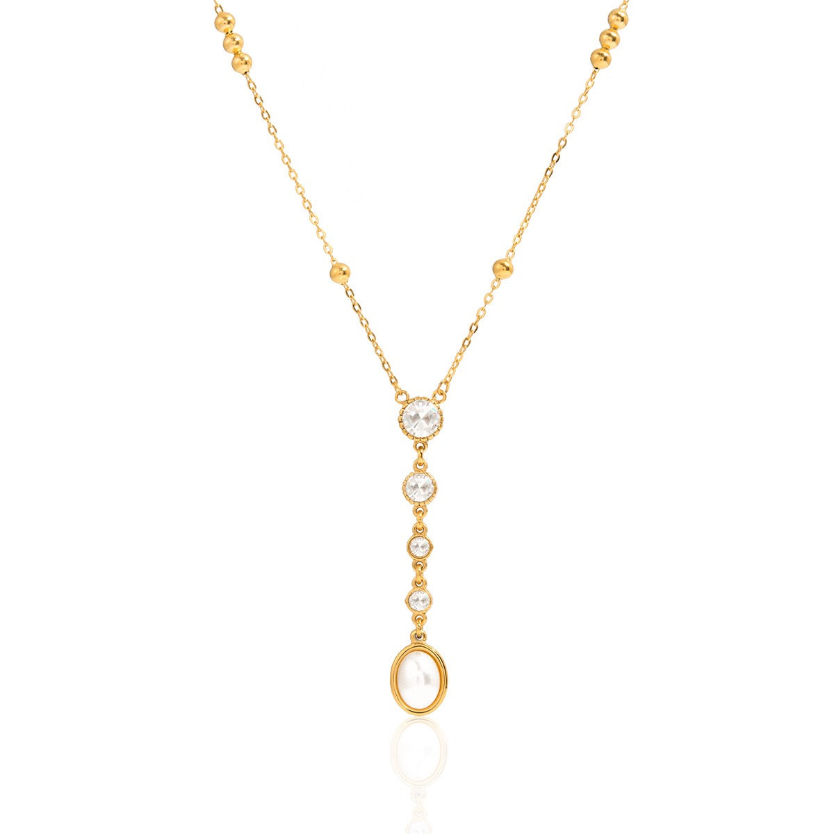 18K Gold Sweet Lumi Pearl Y Shape Lariat Dainty CZ Necklace