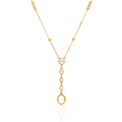 18K Gold Sweet Lumi Pearl Y Shape Lariat Dainty CZ Necklace