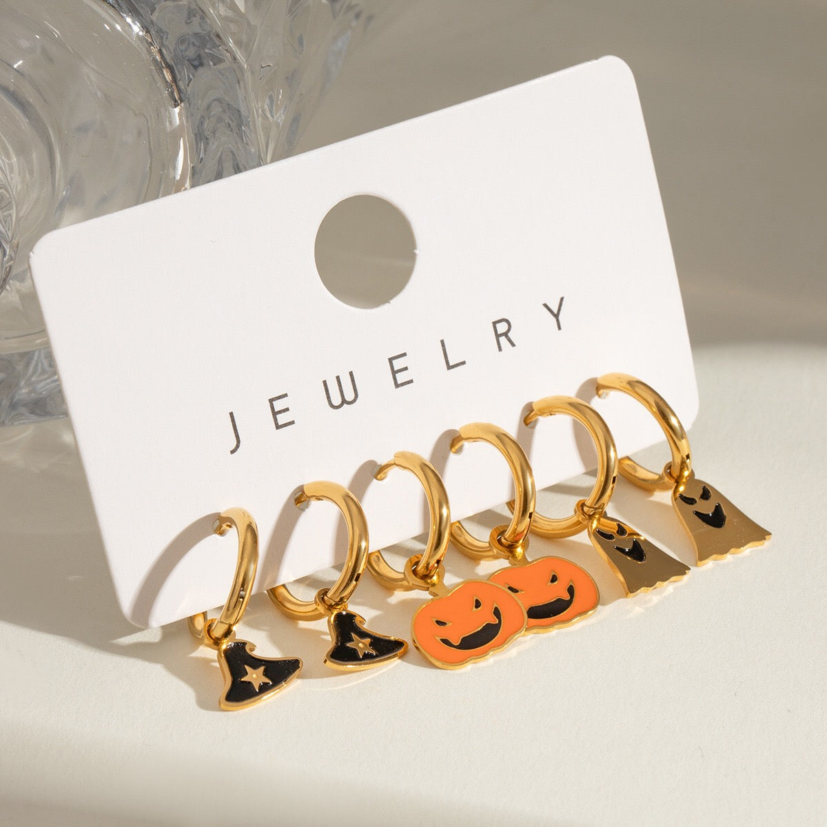 18K Gold Halloween Pumpkin Skull Small Hoop Huggie Earrings with Charm