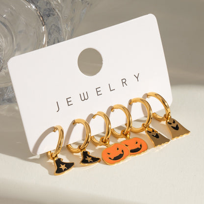 18K Gold Halloween Pumpkin Skull Small Hoop Huggie Earrings with Charm