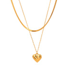 18K Gold Heart Pendant Herringbone Snake Chain Layered Necklace
