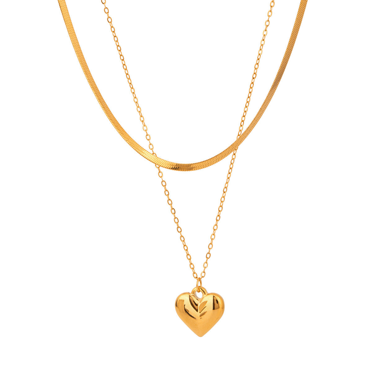 18K Gold Heart Pendant Herringbone Snake Chain Layered Necklace