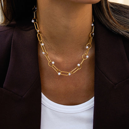 18K Gold Modern Loop Pearl Circle Chain Necklace