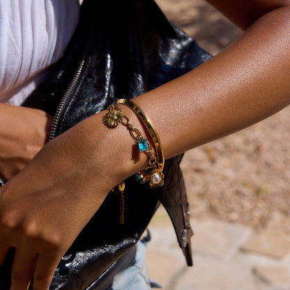18K Gold Ocean Blue Charm Bracelet Sleek Bangle Stack