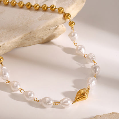 18K Gold Chunky Baroque Pearl Ball Chain Beaded Statement Necklace