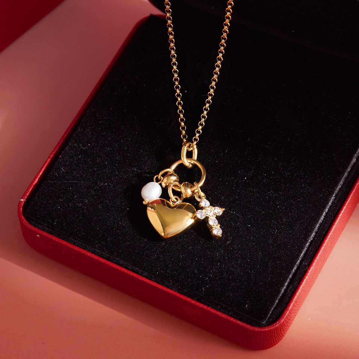 18K Gold Sinfully Yours Heart Cross Pearl Charm Necklace