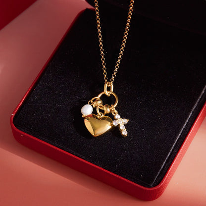 18K Gold Sinfully Yours Heart Cross Pearl Charm Necklace