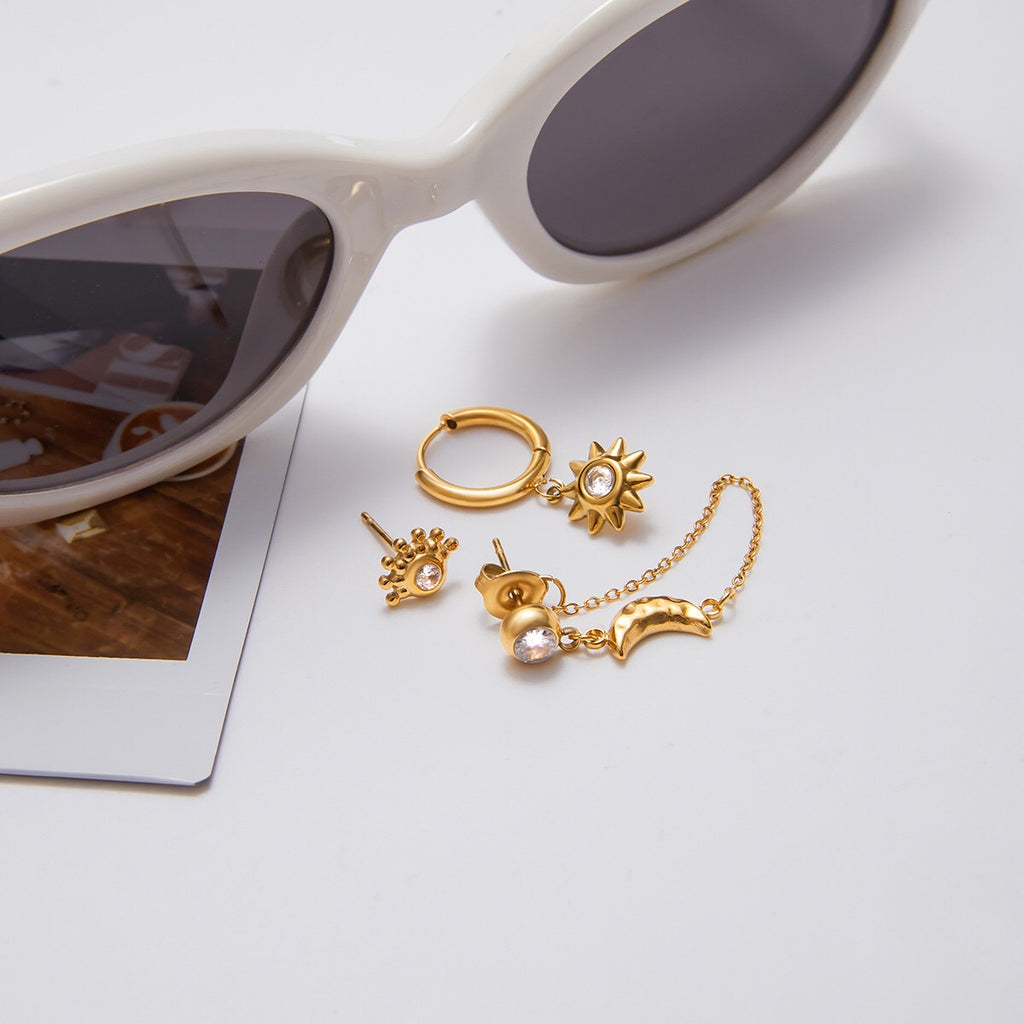 18K Gold Stars and Moon Celestial Huggie Chain Earrings Cartilage Stud Set