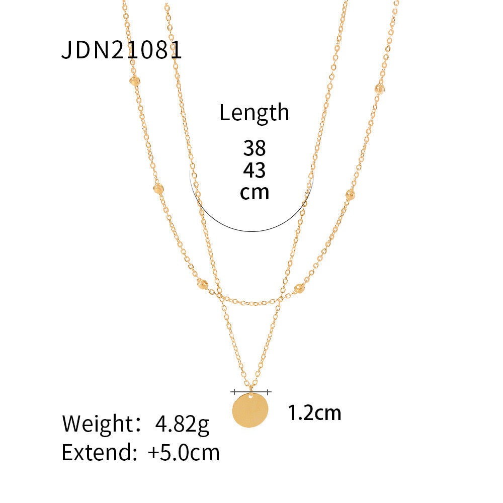 18K Gold Delicate Disc Pendant Beaded Chain Layered Necklace