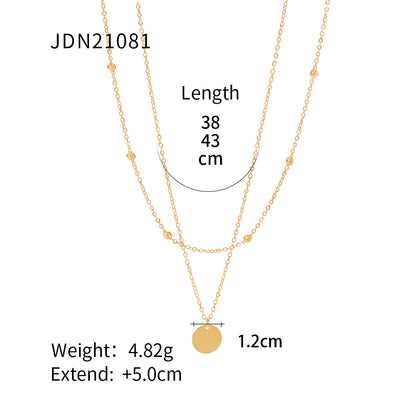 18K Gold Delicate Disc Pendant Beaded Chain Layered Necklace