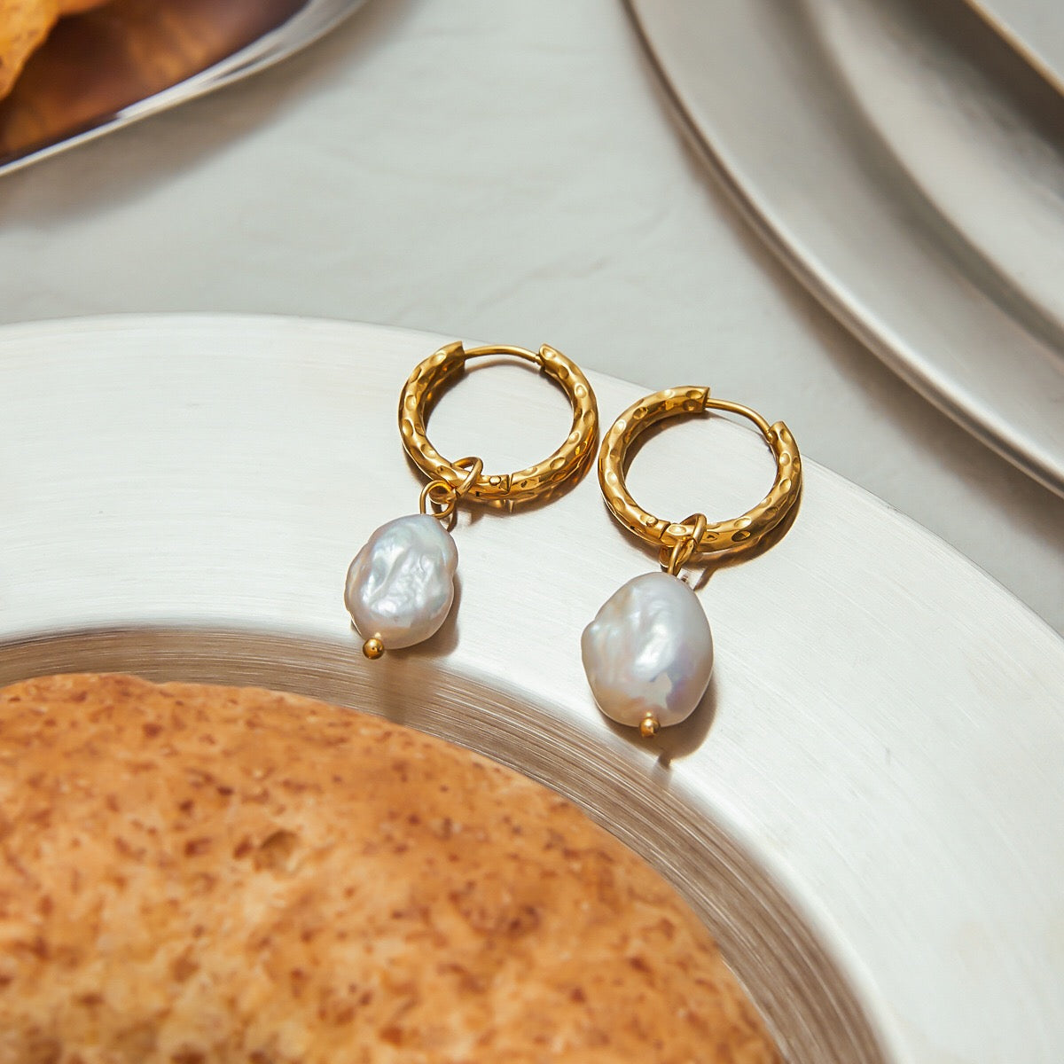 18K Gold Moonlit Elegant Pearl Huggie Earrings Ear Cuffs Studs Set