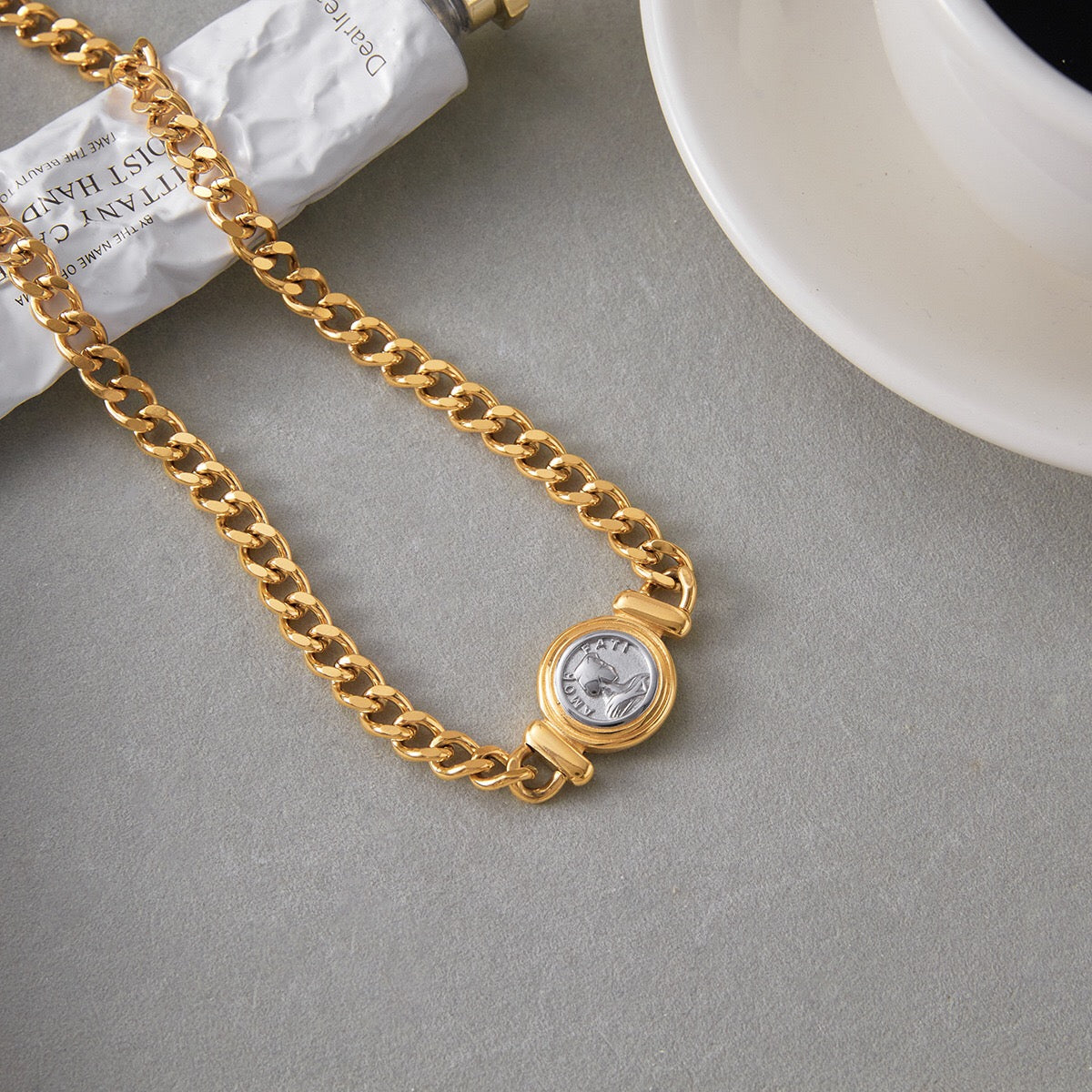 18K Gold and Silver Two Tone Coin Curb Chain Statement Choker Necklace