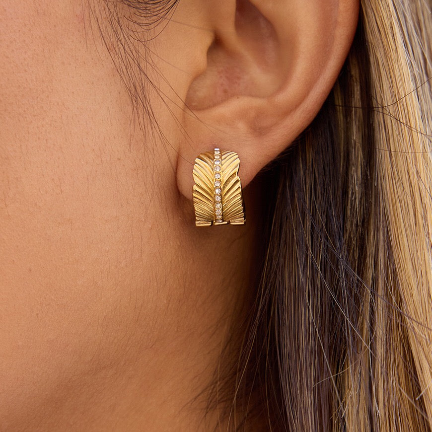 18K Gold Gentle Breeze Leaf CZ Small Hoop Huggie Earrings