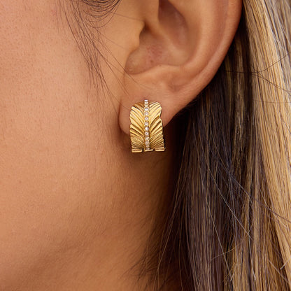 18K Gold Gentle Breeze Leaf CZ Small Hoop Huggie Earrings