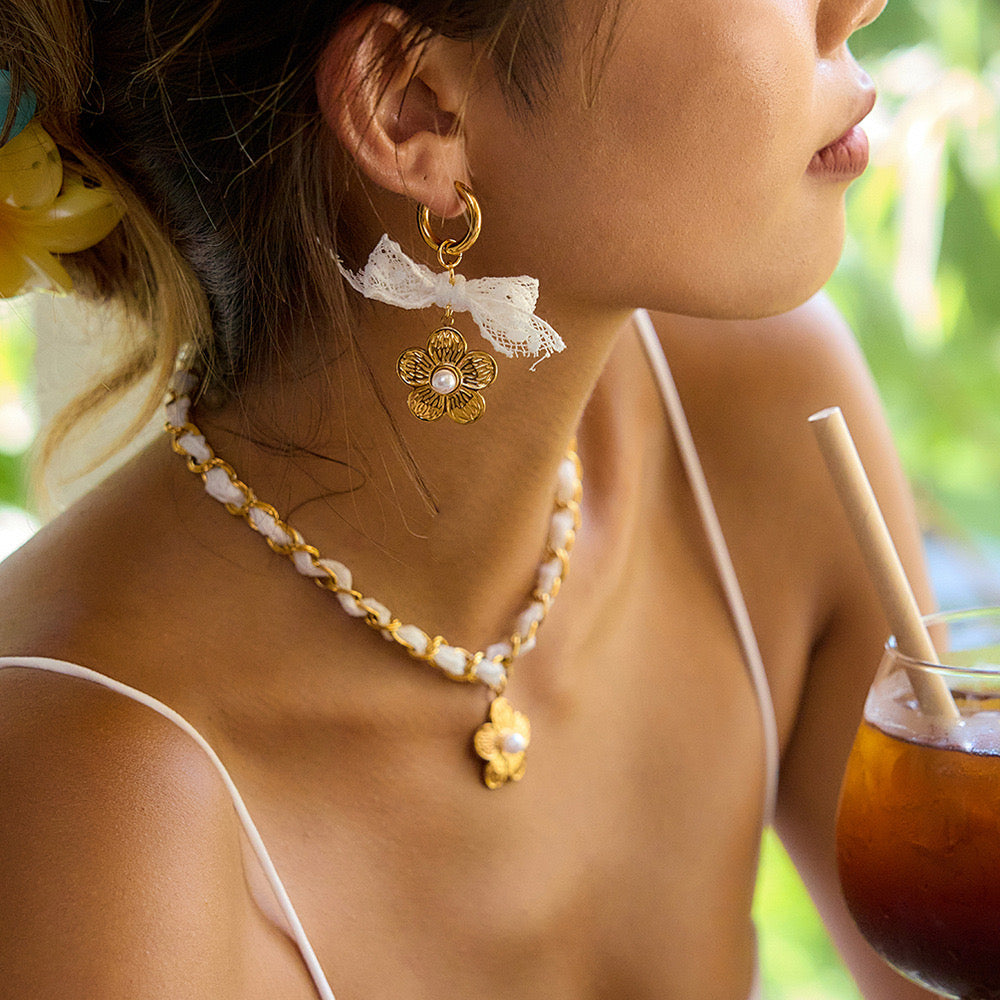 18K Gold Princess Flower Pearl Ribbon Bow Small Hoop Dangle Huggie Earrings with Charm