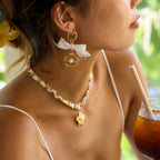 18K Gold Princess Flower Pearl Pendant Ribbon Chain Layered Necklace Set