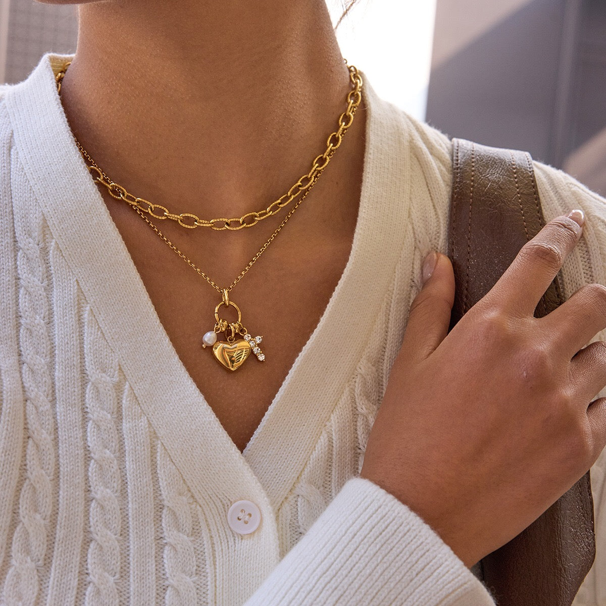 18K Gold Sinfully Yours Heart Cross Pearl Charm Necklace