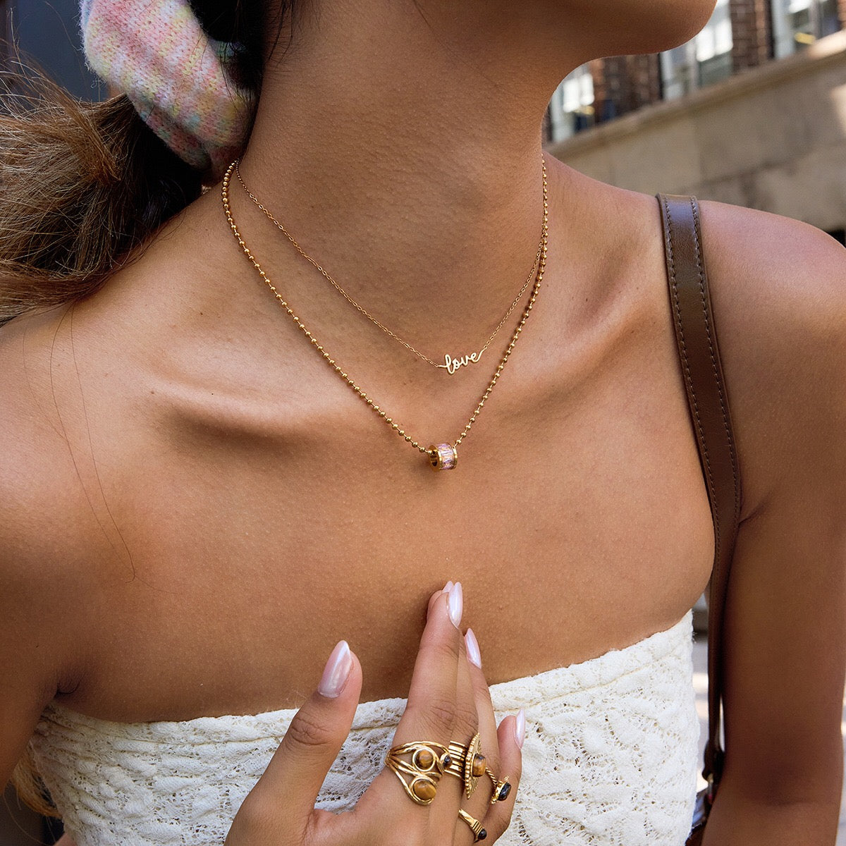 18K Gold Pink Heart Mama Bling Ring Dainty Pendant Necklace