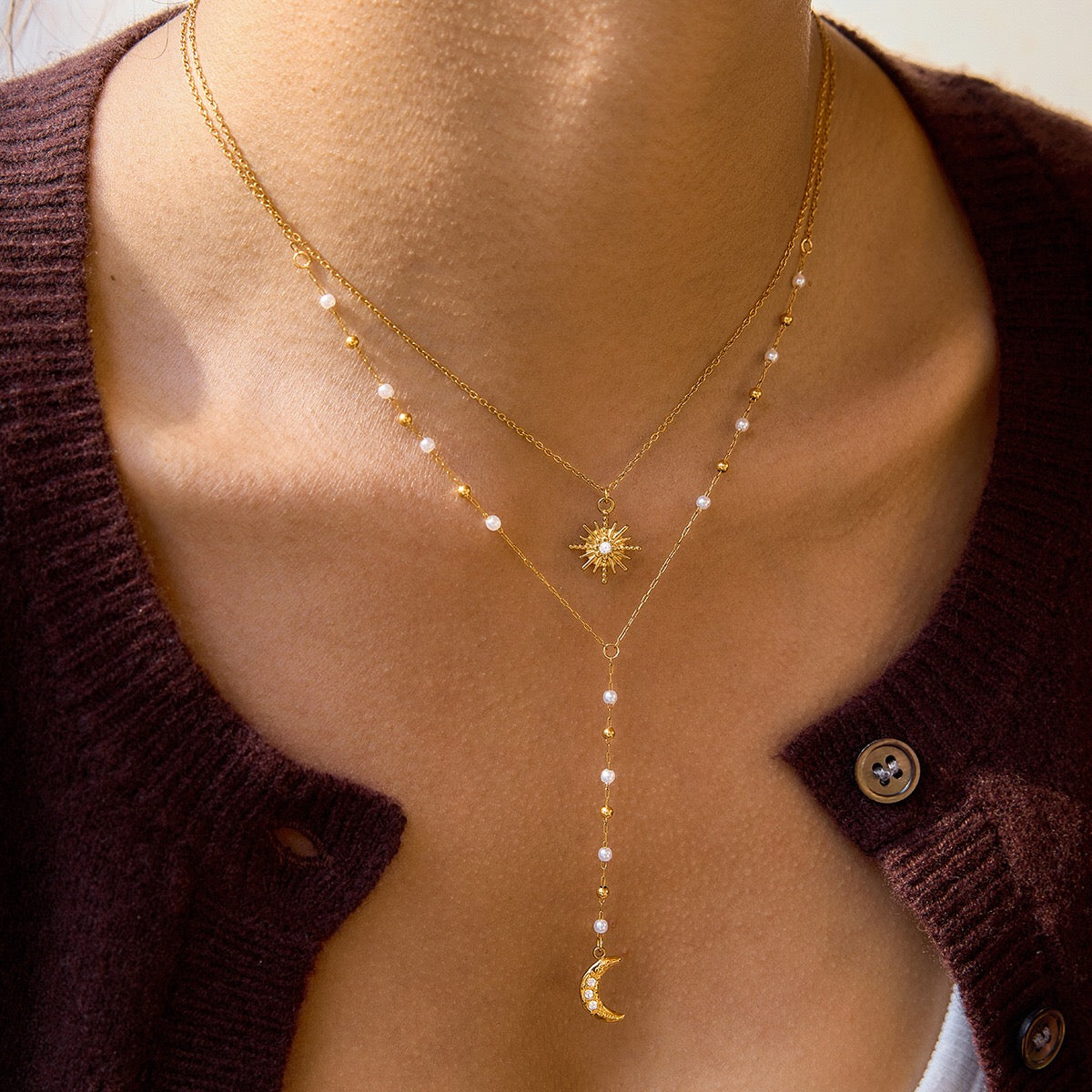 18K Gold Eclipse Spark Sun and Moon Pearl Pendant Y shape Lariat Layered Necklace