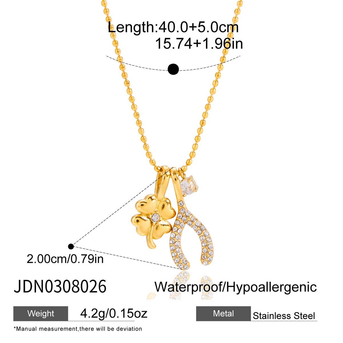 18K Gold Lucky You Clover Wishing Bone Dainty Charm Necklace