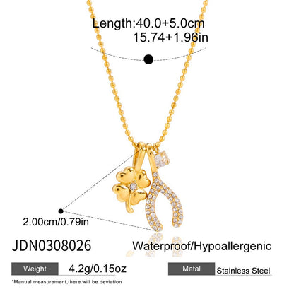 18K Gold Lucky You Clover Wishing Bone Dainty Charm Necklace