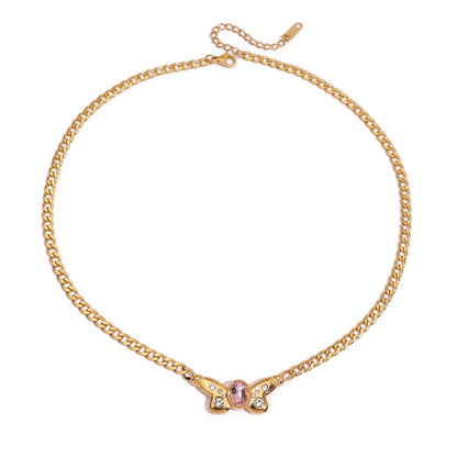 18K Gold Pink Butterfly Curb Chain Necklace