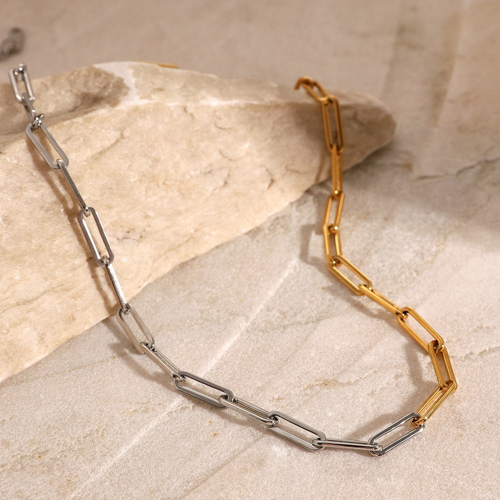 18K Gold Two Tone Paperclip Silver Chain Collar Necklace