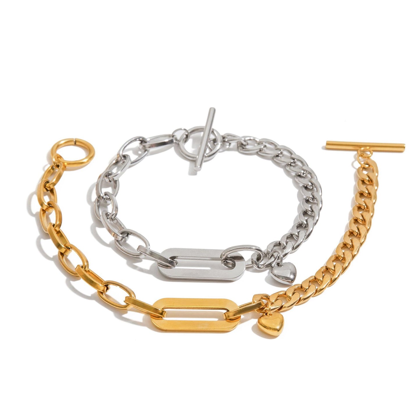 18K Gold Bold Affection Heart Charm Chunky Toggle Chain Bracelet