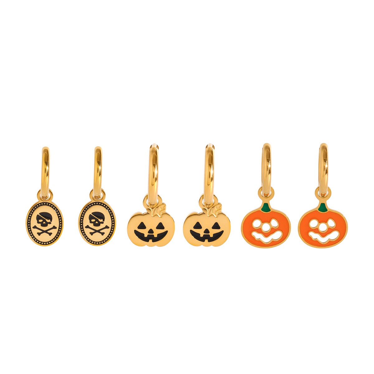 18K Gold Halloween Pumpkin Skull Small Hoop Huggie Earrings with Charm