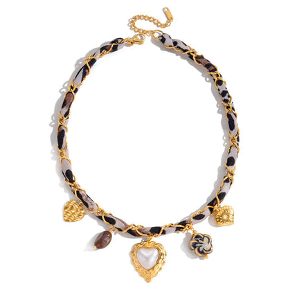 18K Gold Cinnamon Kiss Pearl Heart Ribbon Chain Charm Necklace