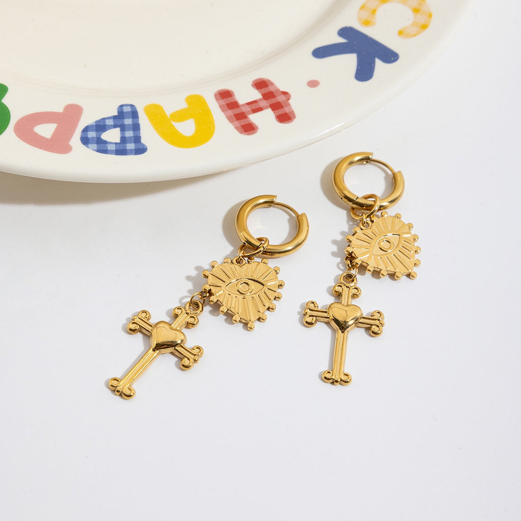 18K Gold Tempt Heart Cross Dangle Huggie Earrings with Charm