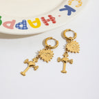 18K Gold Tempt Heart Cross Dangle Huggie Earrings with Charm