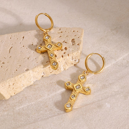 18K Gold Bling Cross Huggie Earrings with Charm