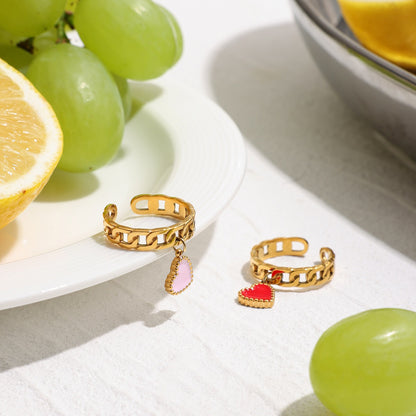 18K Gold Heart Palm Tree Charm Chain Band Ring