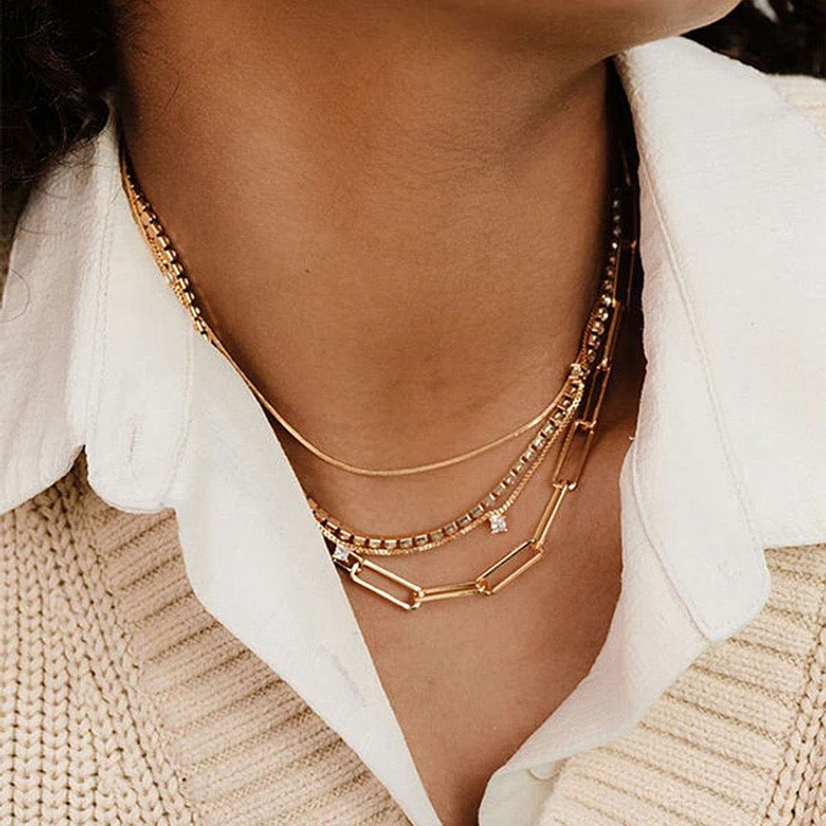 18K Gold Lavish Tennis Herringbone Snake Chain Dainty Layered Necklace Set