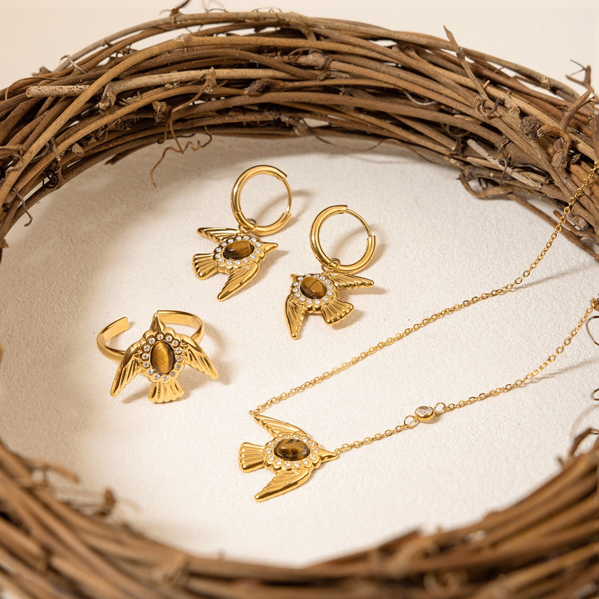 18K Gold Free Spirit Tiger Eye Bird Ring