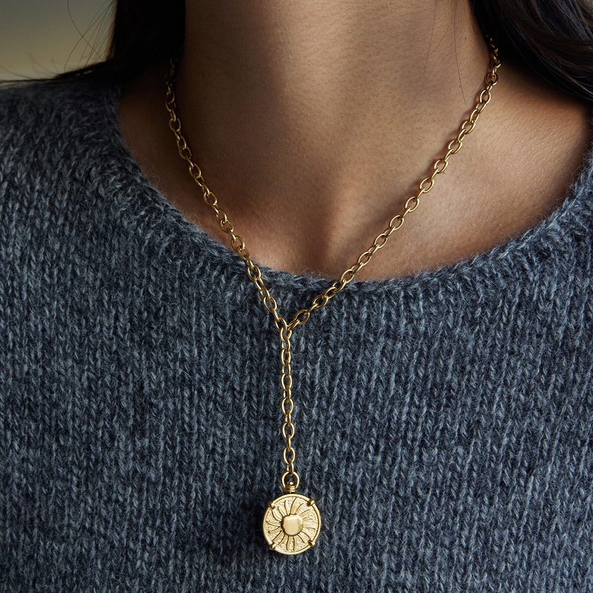18K Gold Sun Goddess Y Shape Coin Pendant Necklace