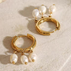 18K Gold Dangle Pearl Huggie Earrings