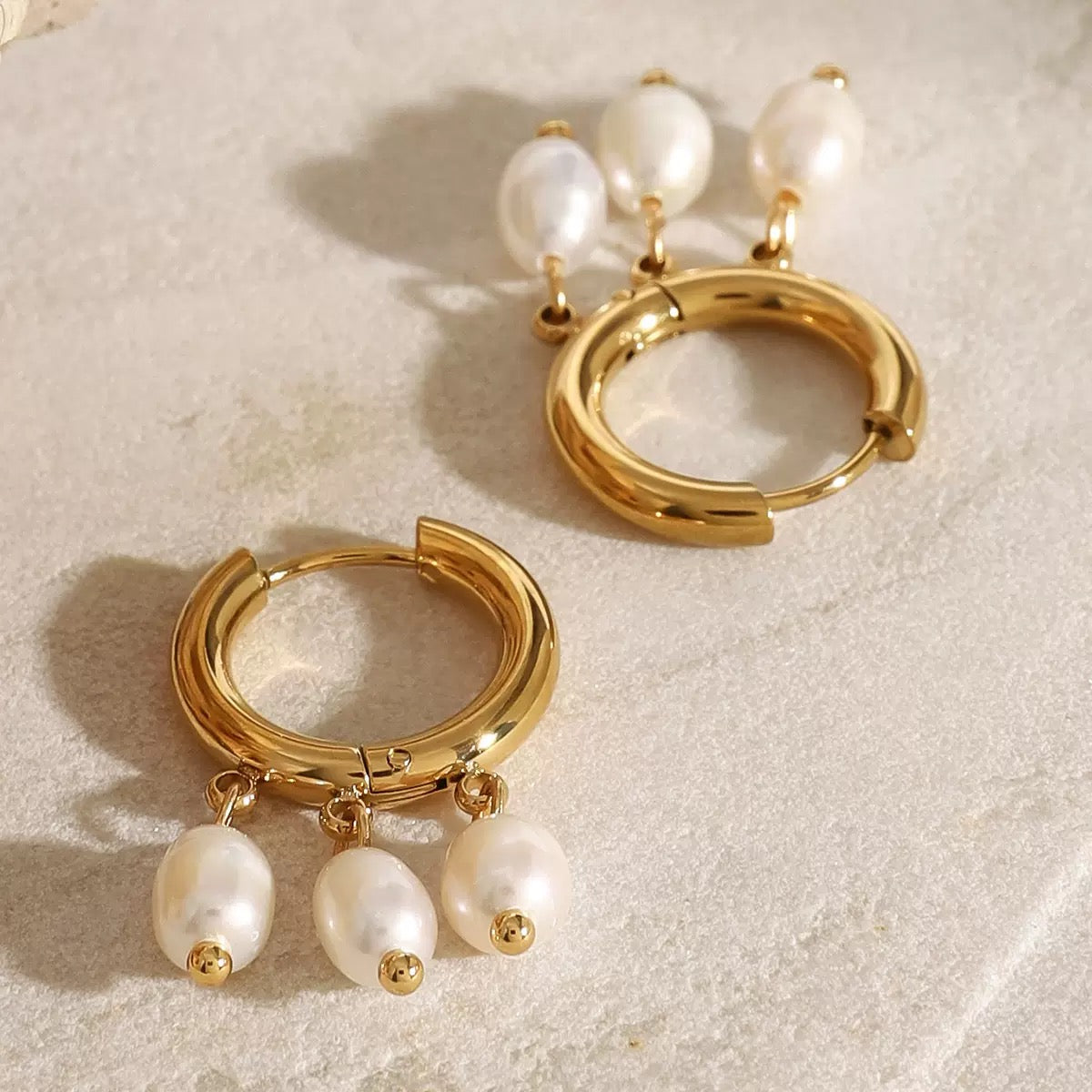 18K Gold Dangle Pearl Huggie Earrings