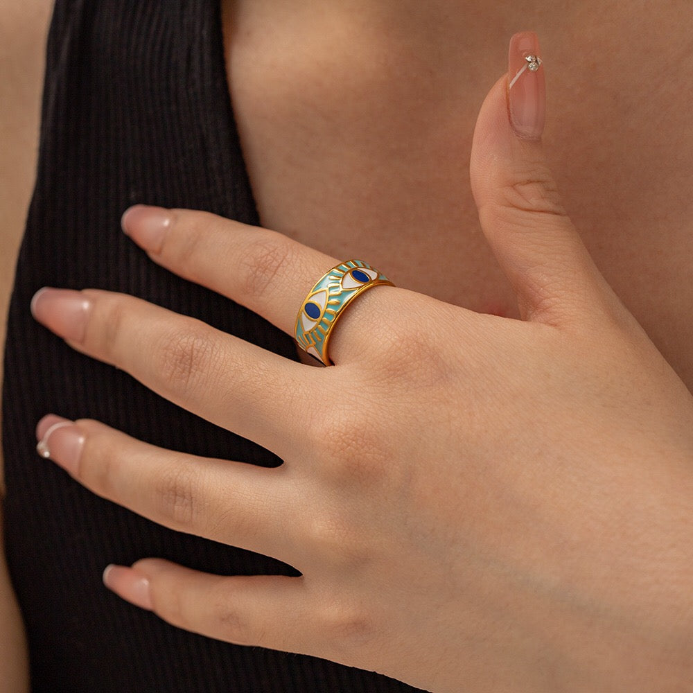 18K Gold Evil Eye Protection Band Ring
