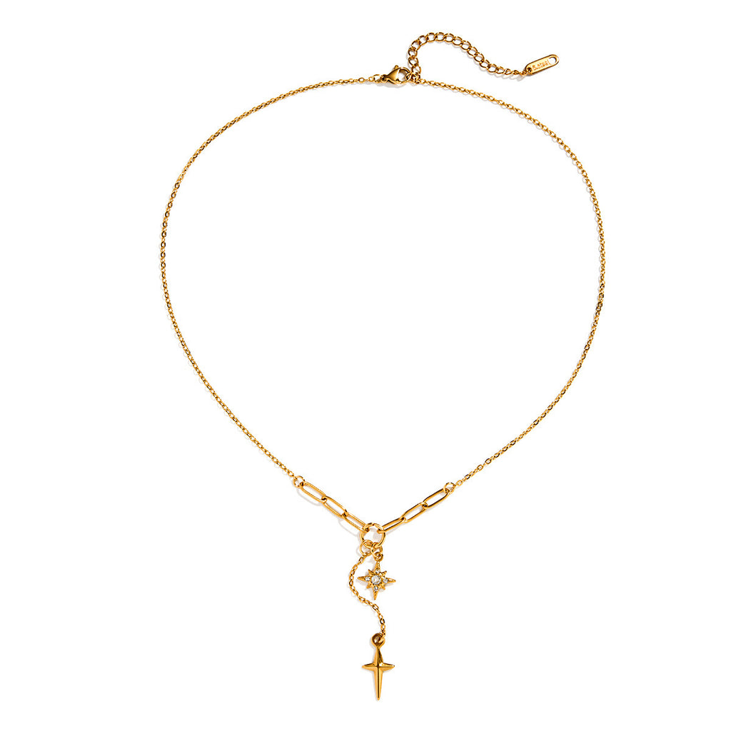 18K Gold Starry Y Shape Pendant Heart Tennis Chain Paperclip Layered Necklace Set