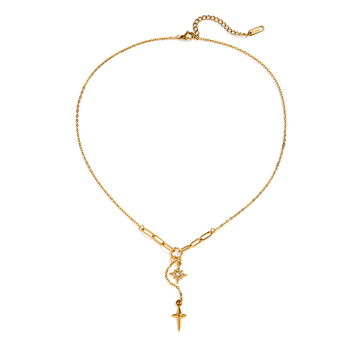 18K Gold Starry Y Shape Pendant Heart Tennis Chain Paperclip Layered Necklace Set