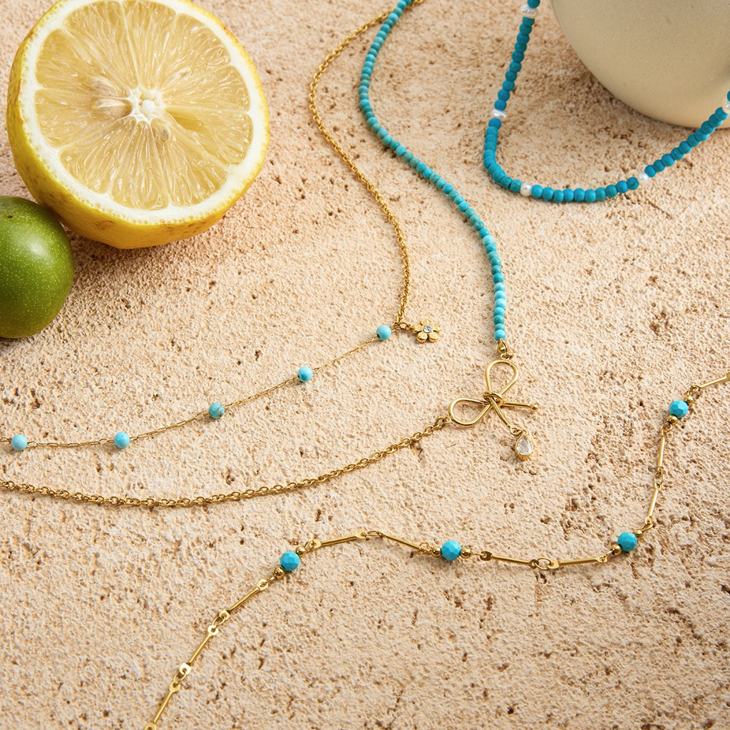18K Gold Turquoise Beads Bow Pendant Double Chain Layered Necklace Set