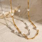 18K Gold Paperclip Chain Pearl Chain Extra Long Necklace