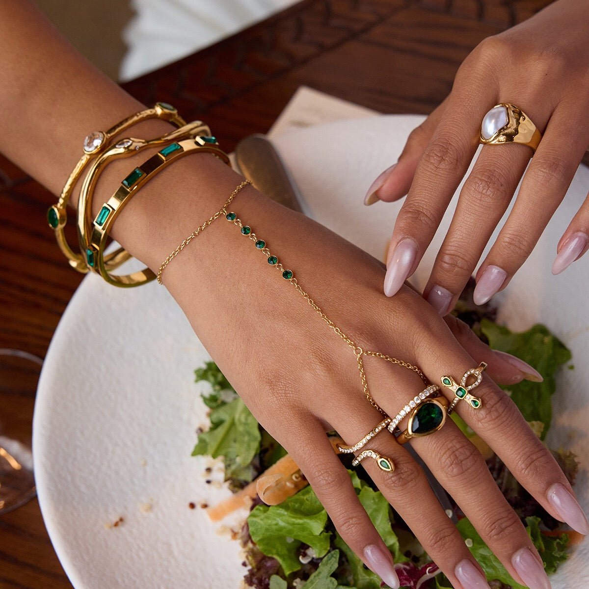 18K Gold Emerald Heiress Cross Snake Statement CZ Cocktail Ring