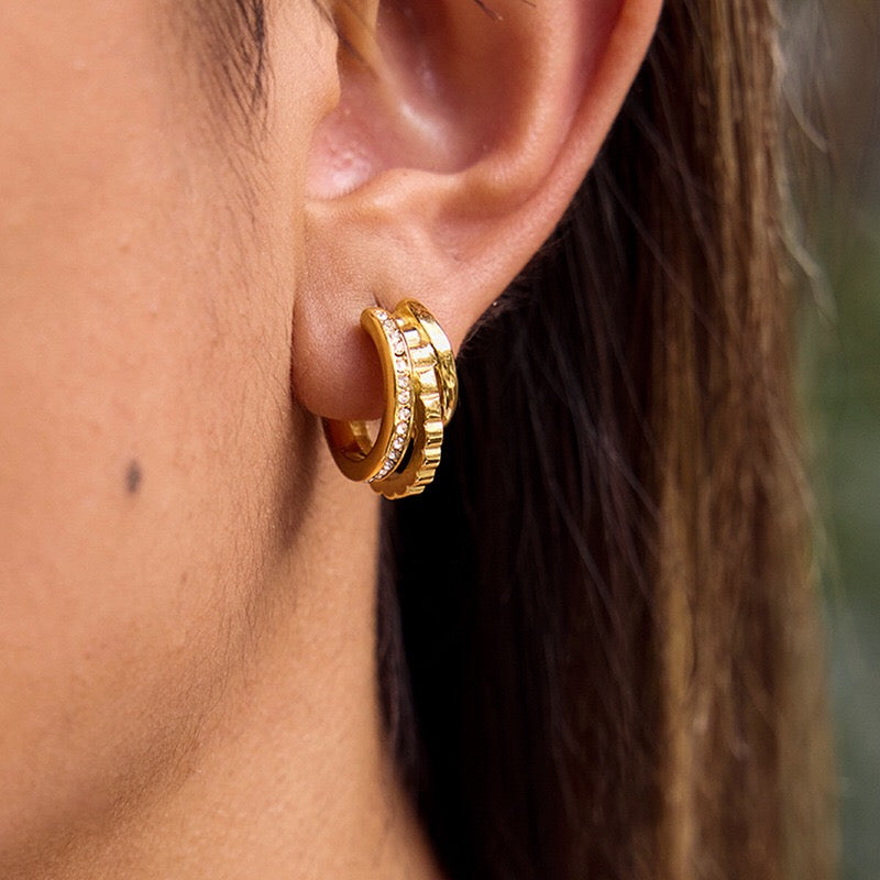 18K Gold Trio Orbit Pave Three Hoops Stud Huggie Earrings